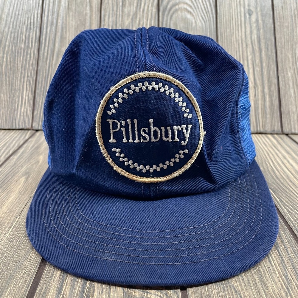 Vintage 80s PILLSBURY USA K-Brand Blue White Trucker Hat Cap Snapback Logo PATCH